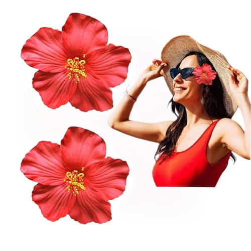 Red 8 cm Hawaiian Flower Hair Clip for Women Girls Fashion Bohemian Flowers Hair Accessory for Dancer Bridal Wedding Beach Party Decorations (2Pcs)
