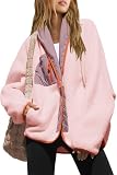 Nirovien Womens Fuzzy Fleece Jacket Colorblock Sherpa Jackets Shawl Winter Coats with Pockets Warm Outwear(Light Pink Dark,M)