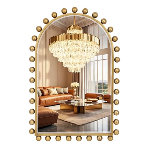 CavinHome 24x36 Inch Arched Wall Mirror with Antique Gold Ball Frame, Beveled Arched Decorative Wall Mirror, Vintage Gold Accent Mirror for Living Room, Entryway, Bedroom, Hallway & Over Console Decor