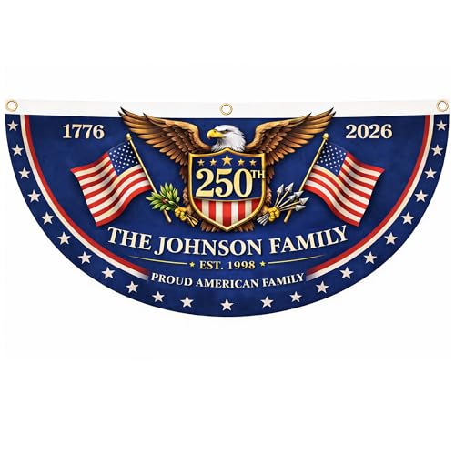 Fastpeace Personalized Patriotic Bunting Flag with Custom Family Name and Year – 250th Anniversary USA Patriotic Bunting Banner – 4th of July Porch Decor American Flag Bunting
