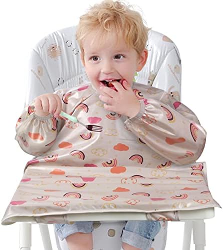 Vicloon Baby Bibs with Sleeves, PU Baby Feeding Bibs Long Sleeve Waterproof Coverall Weaning Bibs, Baby & Toddler Weaning Bib Coverall Attaches to Highchair & TableBlue
