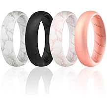 ROQ Silicone Rings for Women, Breathable Silicone Rings, Sets of 4 Bands, Unique Silicone Wedding Ring for Women, Medical Grade Silicone Rubber Band - Marble, Rose Gold, Black Colors - Size 11