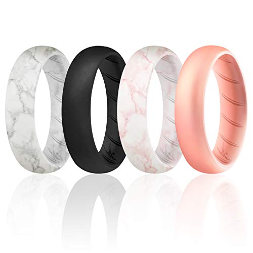 ROQ Silicone Rings for Women, Breathable Silicone Rings, Sets of 4 Bands, Unique Silicone Wedding Ring for Women, Medical Grade Silicone Rubber Band - Marble, Rose Gold, Black Colors - Size 9