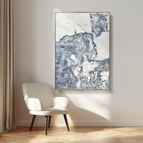 BrightA Office wall decorations with grand style. Large abstract hand-painted texture relief artworks, presenting the artistic charm of blue and white 31.5"x47.2"