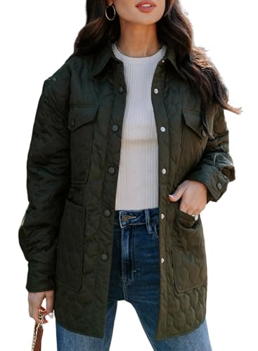 XIAOKS Women Jackets Lightweight Long Sleeve Button Down Puffer Jacket Warm Winter Coat Outerwear with Pockets(Green,L)
