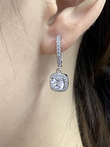 Classic Cubic Zirconia Dangle Hoop Earrings for Women Girls 18K White Gold Plated Princess Cut Square Halo CZ Charms Drop Dangling Leverback Stud Dainty Birthday Wedding Anniversary Jewelry Gifts3