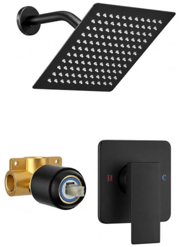 Set de grifería para ducha con cabezal cuadrado de 8 pulgadas, montada en pared, color negro, mango único, acero inoxidable, válvula Rough-in, rosca interna 1/2" NPT miniatura 1