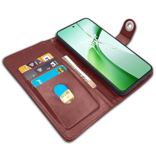 Image of Pikkme OnePlus Nord CE 4 5G Flip Cover Leather Finish | Inside TPU with Card Pockets | Wallet Stand and Shock Proof | Complete Protection Button Flip Case (Brown)