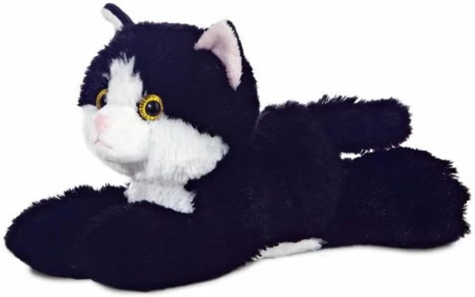 12743, Mini Flopsie Maynard Cat, 8in , Soft Toy, Black & White