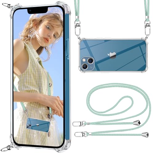 ISOI Funda Transparente con Cuerda Compatible con iPhone 13, Colgante Ajustable y Extraíble Collar Correa de Cuello Cadena Cordón, Anti-Choque Suave Silicona TPU Carcasa - Verde