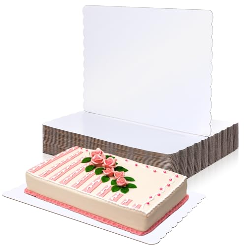 Maxdot 20 Pcs 26 x 18 Inch Rectangle Cake Boards Disposable Single Wall Cake Pad Scalloped Full Sheet Dessert Base White Corrugated Pastry Food Tray Plate for Pizza Display Holiday Party Supplies