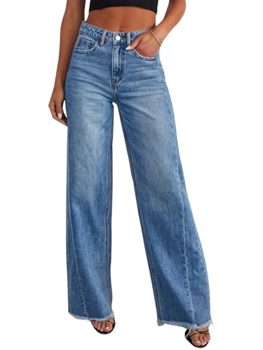 Women's Straight Leg Jeans Mid Waisted Baggy Strechy Jeans Wide Leg Denim Pants