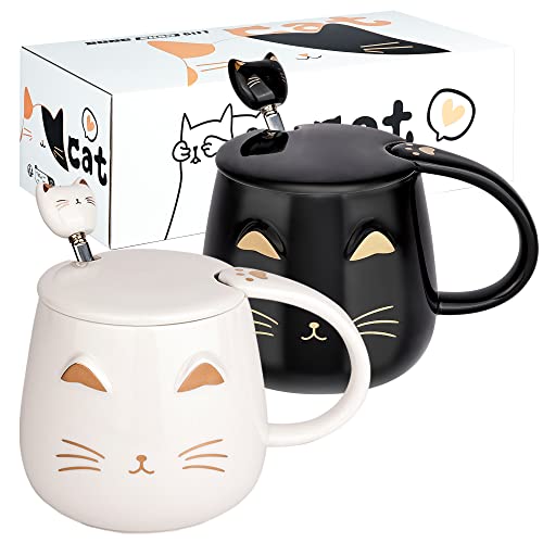 Juego de 2 tazas de café para gatos con tapa y bonita cuchara de