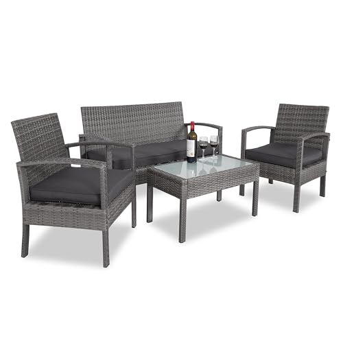 Casaria® Gartenmöbel Set Wetterfest 4 Personen Outdoor inkl. Auflagen Polyrattan 2 Sessel Gartenbank Tisch Garten Terrasse Balkon Möbel Lounge Grau