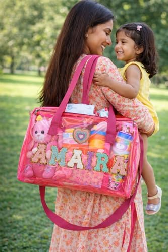 Image of AICA Personalized Name Embroidered Letters & Patch Duffle Bag for Kids Boys & Girls Age 1-18 Years Age Group (Pink) | Gift for Boys Girls Kids