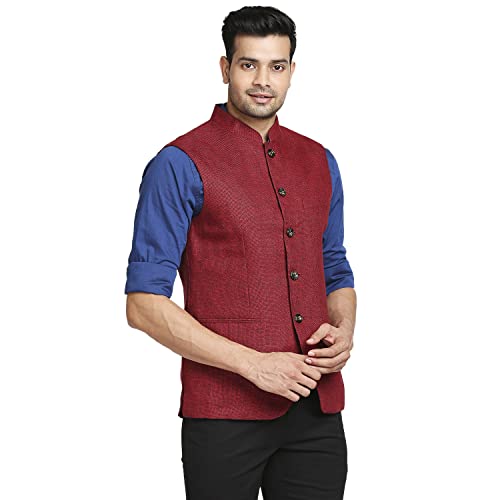 Image of Colorplus Men's Tailored Fit Pure Linen Stand Collar Yarn Dyed Pattern Full Sleeve Dark Red Casual Blazer