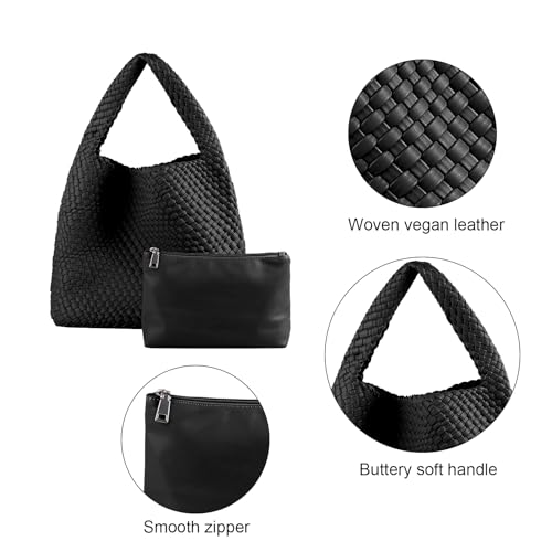 Image of Woven Tote Bag for Women with Purse, Vegan Leather Hobo Bags Large Handmade Underarm Shoulder Bag