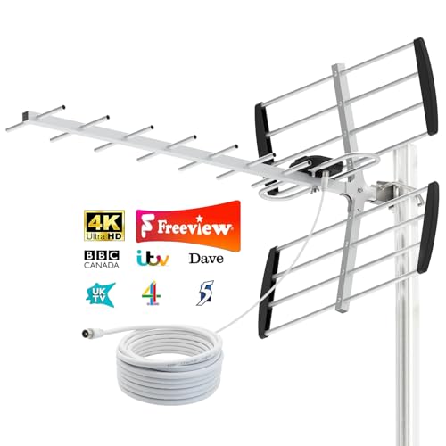 Outdoor TV Aerial for Freeview UK Digital HDTV Aerial 4K 1080P Strong VHF/UHF Reception Loft & Outdoor Aerial for Smart and Older TVs 10m Coaxial Cable Mast Not Supplied