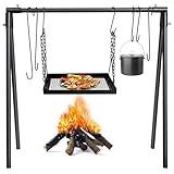 HONYTA Campfire Swing Cooking Grill Stand, Collapsible Campfire Cooking Rack with Adjustable Iron Grill Grate and Hooks for Outdoor BBQ Picnic Cookware Party Dutch Oven