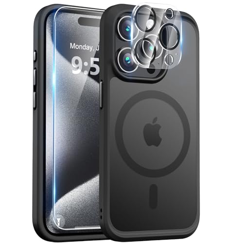 Image of BossKiss Compatible with iPhone 15 Pro Case, [Compatible with Magsafe] [Screen+Camera Protector] Magnetic Translucent Matte Women Men Girl Protective Cover for iPhone 15 Pro 6.1 inch, Black