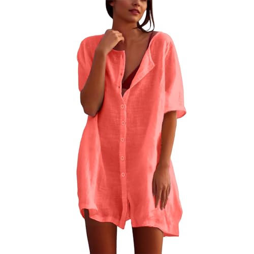 Damen Strandkleid Sommer Beach Bikini Cover Up mit Rund Ausschnitt Knopfleiste Kurzarm Ärmel Leichte Strandtunika Große Größen Strandponcho...
