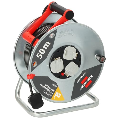 Brennenstuhl Garant Cable Reel 50m (Made in Germany, Extension Lead with 3 sockets and Thermal Cut-Out Protection, Rust-Proof Steel Reel Body, Ergonomic Handle)