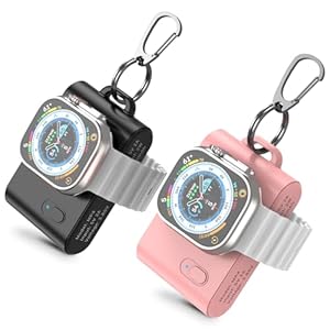 (2-Pack) Keychain Portable Wireless Magnetic iWatch Charger, 2000mAh Mini Power Bank Travel Smart Watch Charger Power Pod for Apple Watch Series 1/2/3/4/5/6/7/8/9/SE/UItra/UItra 2-Black&Pink