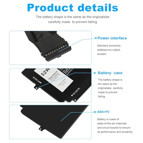 Image of ASUNCELL 52Wh 722KK Laptop Battery Replacement for Dell XPS 13 9300 XPS 13 9310 XPS 13 9380 P117G P117G002 P117G001 Series Notebook 0WN0N0 WN0N0 02XXFW 2XXFW FP86V 7.6V 6800mAh