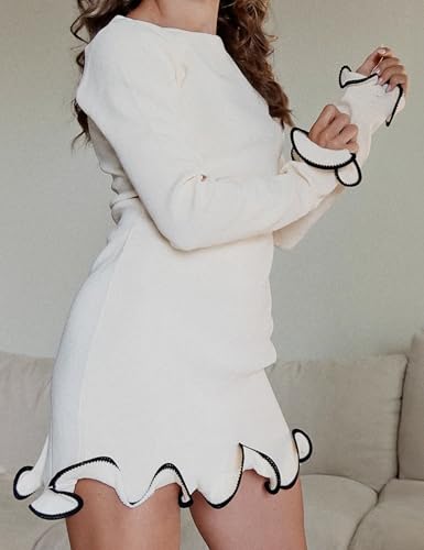 Image of ISZPLUSH Women's Sexy Bodycon Ruffle Hem Knit Dress Crew Neck Long Sleeve Slim Club Party Mini Dress