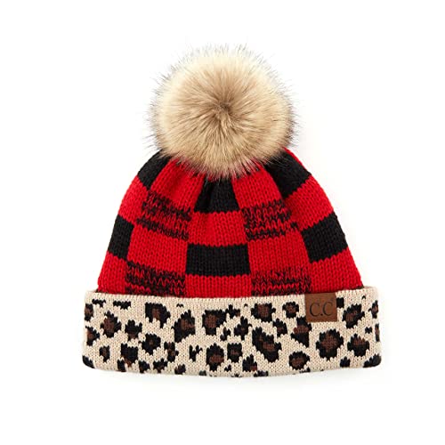 C.c Exclusives Soft Buffalo Check Beanie Hat With Leopard Pattern Band(Hat-2084) Red/Blk #TOP1