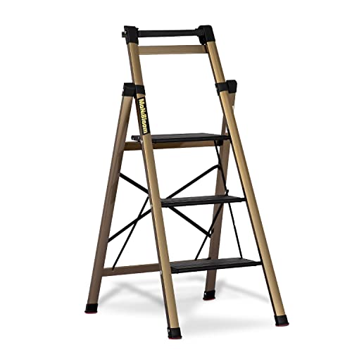 MoNiBloom Slim Aluminum Alloy 3 Step Ladder with Tool Tray Lightweight Portable Folding Stepladder w/Wide Pedal for Home Improvement, Black/Gold
