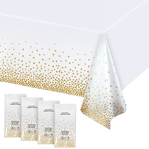 Virgooer 4 Pack Plastic Tablecloth for Rectangle Tables 54x108 inch Waterproof Party Table Cloths Disposable Gold Dot Confetti Rectangular Covers Parties, Graduation, Wedding, Thanksgiving, Christmas
