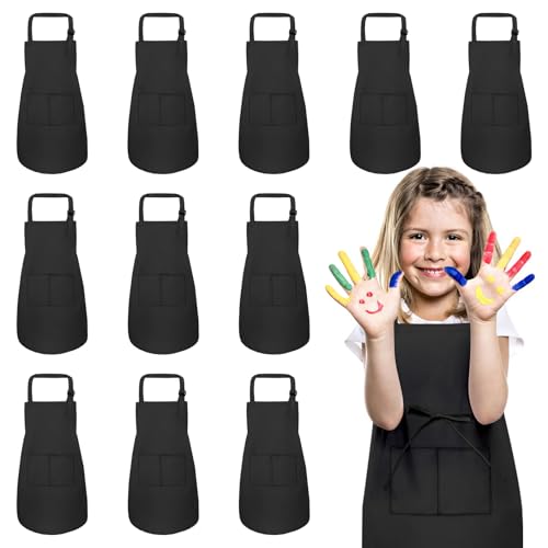 IAGBIBUI 12 Pack Kids Aprons Bulk with 2 Pockets Adjustable Chef Art Apron Kids Painting Aprons for Cooking Baking Crafting Grilling for Boys Girls Age 6-13 Years(Black)