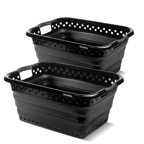 Image of CleverMade Collapsible Laundry Baskets - 39L Foldable Large, Black, 2 Pack | Large 39L capacity, built-in handles, folds flat for storage, durable polypropylene, home, dorm, RV, travel