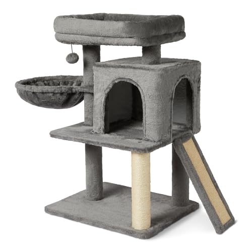 Amazon Basics Mehrebenen-Kletterturm für Katzen und Kätzchen, mit Kratzstämmen, 31.1 Häuschen, FSC-Zertifiziert, M – 79cm (H), Grau