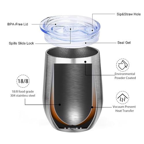 Image of MEZMUT 12oz Insulated Wine Tumbler with Lid Wine Glass Cup(Silver,1) | Double Wall Vacuum Stainless Steel Small Coffee Mug, Leakproof Metal Insulated Tumbler Cup for Champaign, Cocktail, Beer
