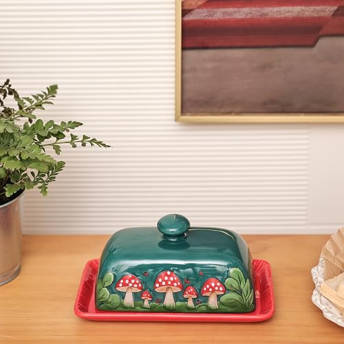 Fungi Fun Mushroom Butter Dish With Lid For Countertop Ceramic Butterdish, Red Mushroom Butter Container, Butter Tray Large Butter Dish Covered (Dark Green & Red Mushroom Butter Dish) - Thumbnail 6