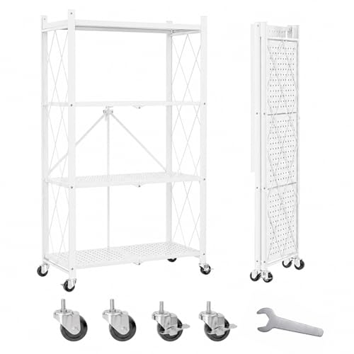 Image of 4 Tier Foldable Metal Storage Shelves on Wheels No Assembly | heavy-duty shelf unit for Kitchen, Garage, Pantry, Basement, Bookshelf, White