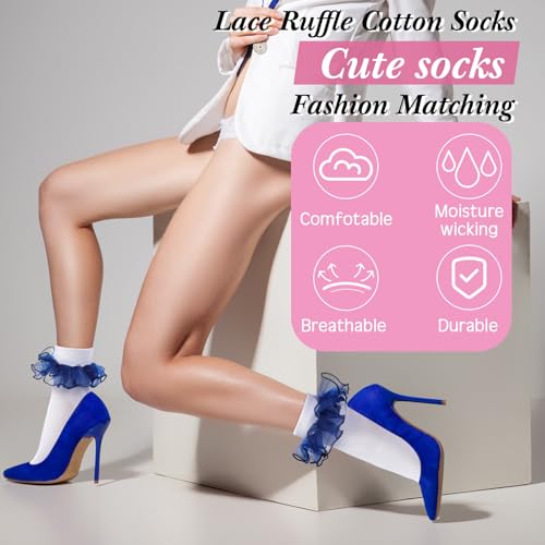 Image of Geyoga 3 Pairs Women Big Ruffle Socks Turn Cuff, Double Lace Ankle Cotton Frilly Socks for Ladies Summer
