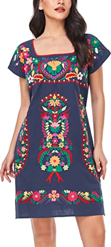 Image of YZXDORWJ Women Mexican Embroidered Dress Ruffle Collar Sleeveless