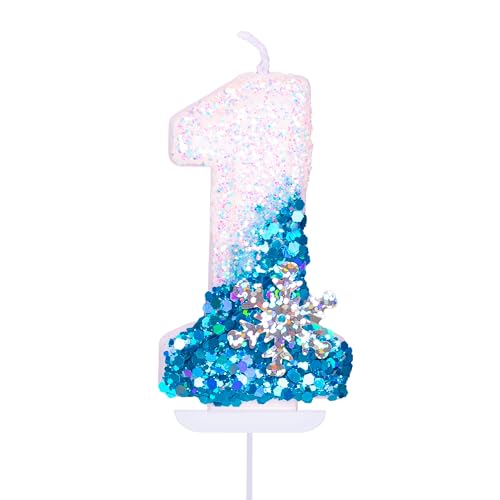 Vela de aniversário número 1 azul para bolo de aniversário, 1 vela de aniversário para bolo, 1º aniversário para bolo, decoração de bolo de primeiro aniversário para meninas de 1 ano, tema Frozen