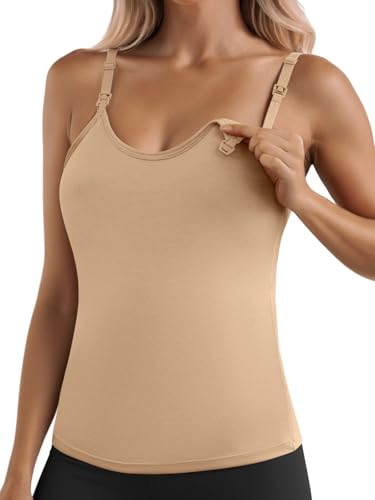 Ninee Womens Maternity Nursing Tank Tops with Built in Bra for Breastfeeding Adjustable Straps Camisoles Cami Tanks (Light Khaki,Medium)