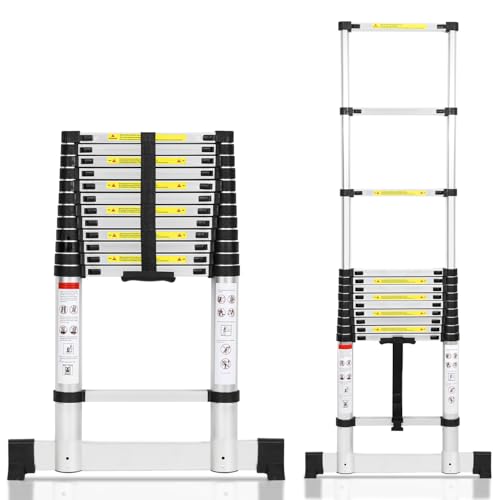 Cecaylie Escalera telescópica de aluminio de 5 m con estabilizador, escalera extensible, escalera de aluminio antideslizante, multiusos, extensible, 150 kg de carga
