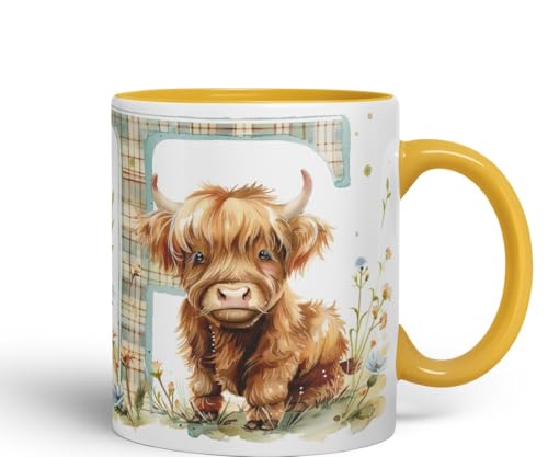 Vixar Highland Cow Alphabet Monogram Coloured Ceramic Cup Mug Letter F Rustic Farmhouse Animal Letter Gift 11oz (Gold Yellow)