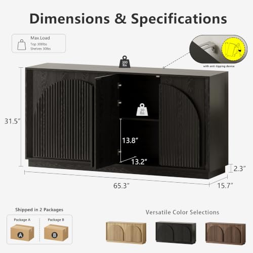 Image of win2win 65 inch Sideboard Buffet Cabinet with Storage, Modular Credenza, Black