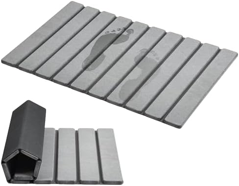AWW Foldable Stone Bath Mat, Super Absorbent Diatomaceous Earth Mats, Non-Slip 23.6 x 15.5 Inch Quick Drying Mat, Compact and Easy to Store Bath Mats for Bathroom, Easy to Clean, Grey