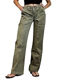 Flamingals Women Straight Leg Mid Rise Casual Solid Seam Front Flap Pocket Pants Green M