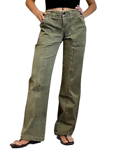 Flamingals Women Straight Leg Mid Rise Casual Solid Seam Front Flap Pocket Pants