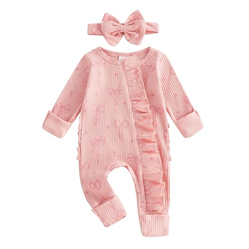 Image of Socutebabe Newborn Baby Girl Coming Home Outfit Ruffle Romper Onesie Cute Ribbed Knit Jumpsuit Winter Clothes and Headband