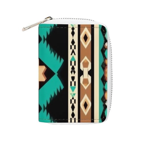 Women's Portable Card Holder Wallet, Pu Leather Credit Card Organizer Bag with 20 Slots Tribal Navajo Aztec Geometric Ethnic Pattern Zipper Slim Coin Purse
